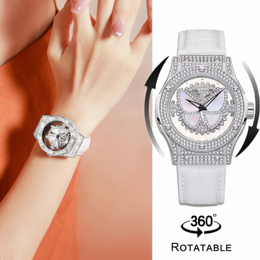 Reloj de cuarzo de cuero con diamantes de imitación de cristal brillante y mariposa giratoria para mujer a la moda