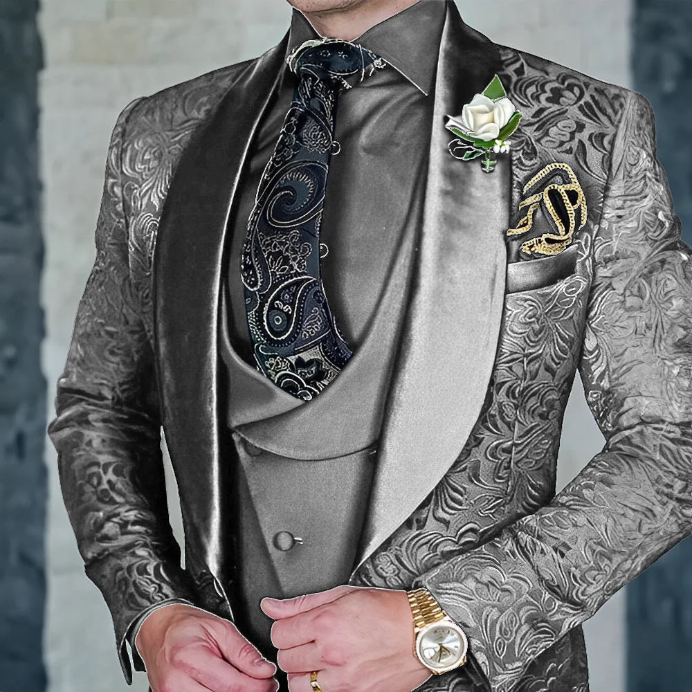 Exquisitos trajes de jacquard de 3 piezas para hombre, conjuntos de novio de boda, bonito conjunto de traje con solapa y chal, ropa de baile, esmoquin Formal para negocios