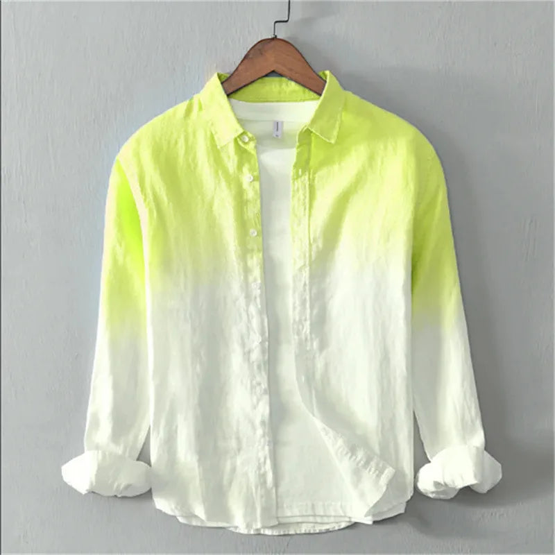 Men's Casual Spring Autumn Long-Sleeve Collared Shirt, Fashionable Light Color Changing 3D Print Linen Shirt, XS-6XL