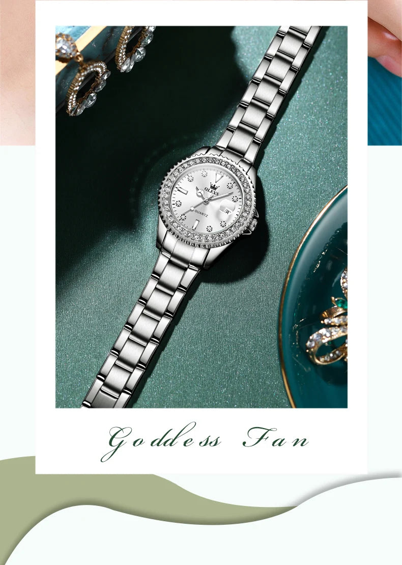 Reloj de cuarzo OLEVS Original con esfera de diamantes para mujer, relojes de moda para mujer, reloj de pulsera luminoso resistente al agua de acero inoxidable para mujer