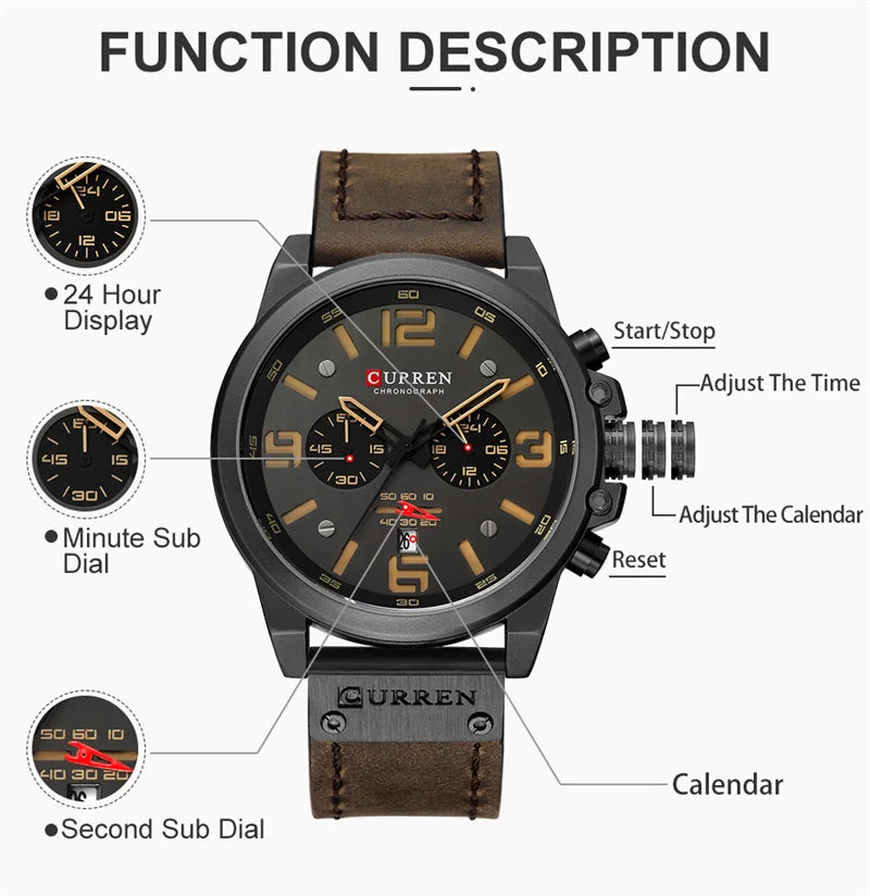 Reloj de pulsera Curren 8314 de cuarzo con calendario militar deportivo con cronógrafo informal para hombre, reloj masculino resistente al agua de cuero de negocios