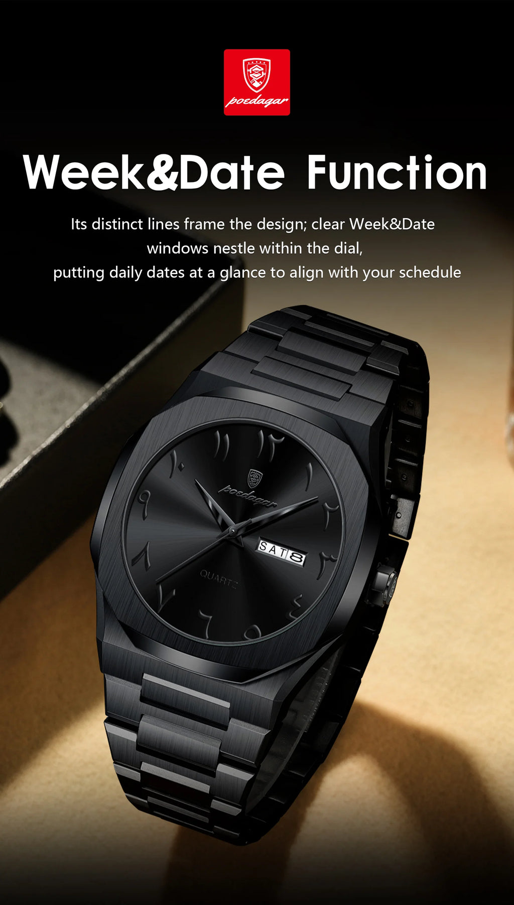 Reloj militar POEDAGAR para hombre, resistente al agua, calendario semanal de lujo, reloj de pulsera para hombre, relojes de cuarzo de acero inoxidable a la moda para hombre