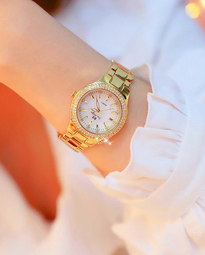 Relojes de pulsera de acero inoxidable para mujer, reloj dorado con diamantes de cristal, plateado
