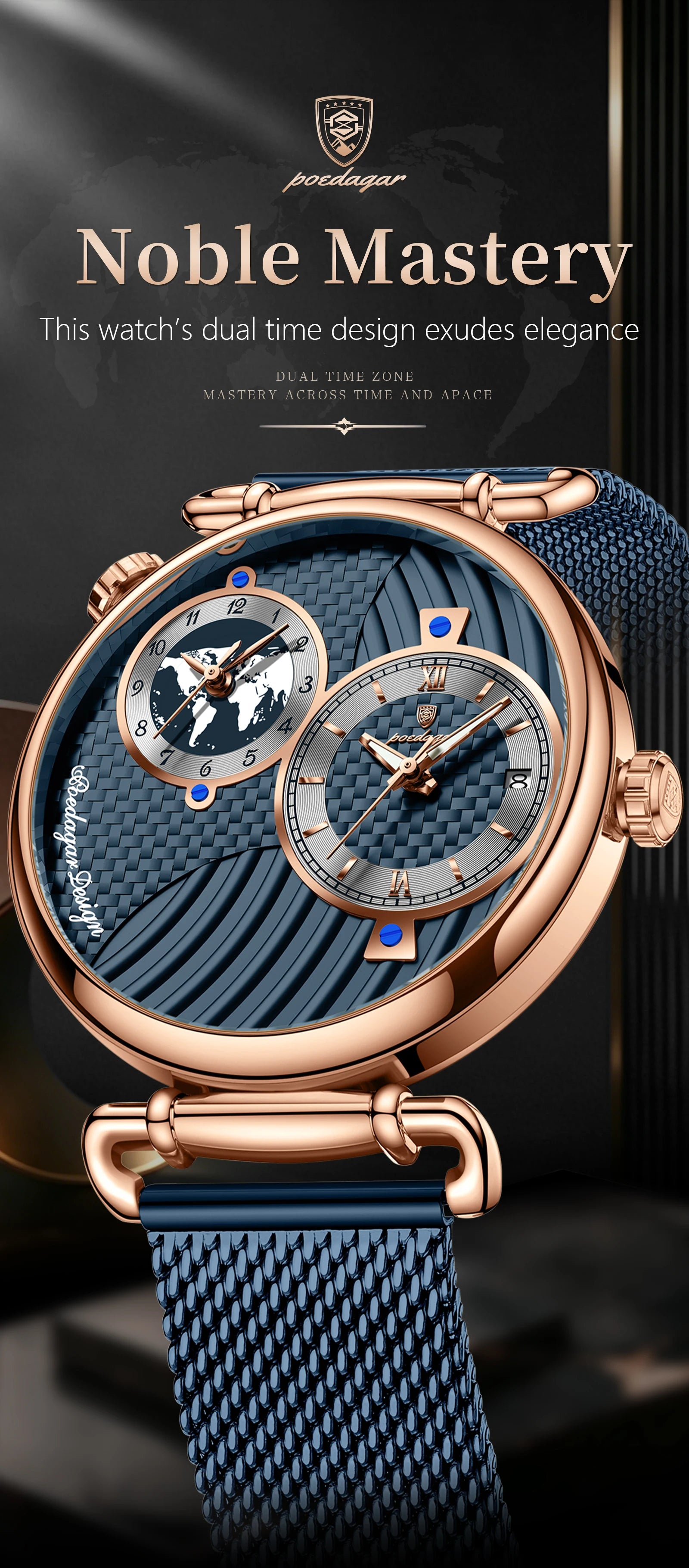 Reloj de hombre POEDAGAR de moda con doble zona horaria, resistente al agua, con fecha, deportivo, de malla de acero inoxidable, de cuarzo + caja.