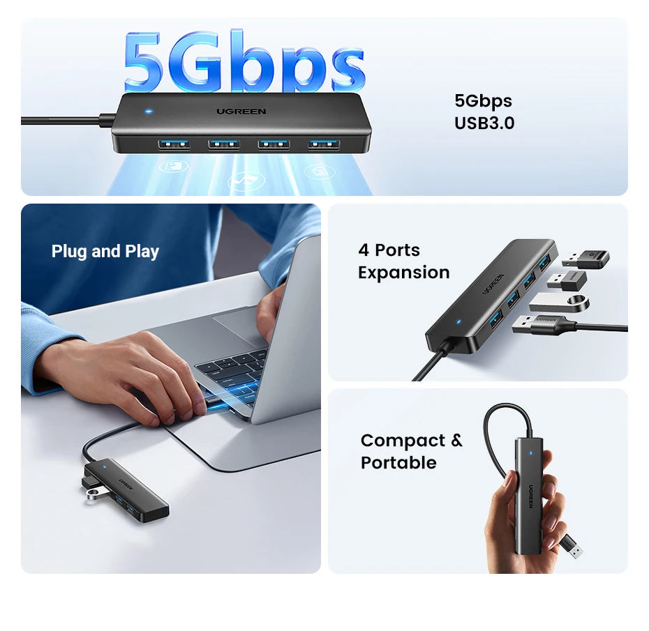 Hub USB 3.0 UGREEN 4 Puertos – 5Gbps, USB-C, Compatible con Mac, PC, Xbox, PS5
