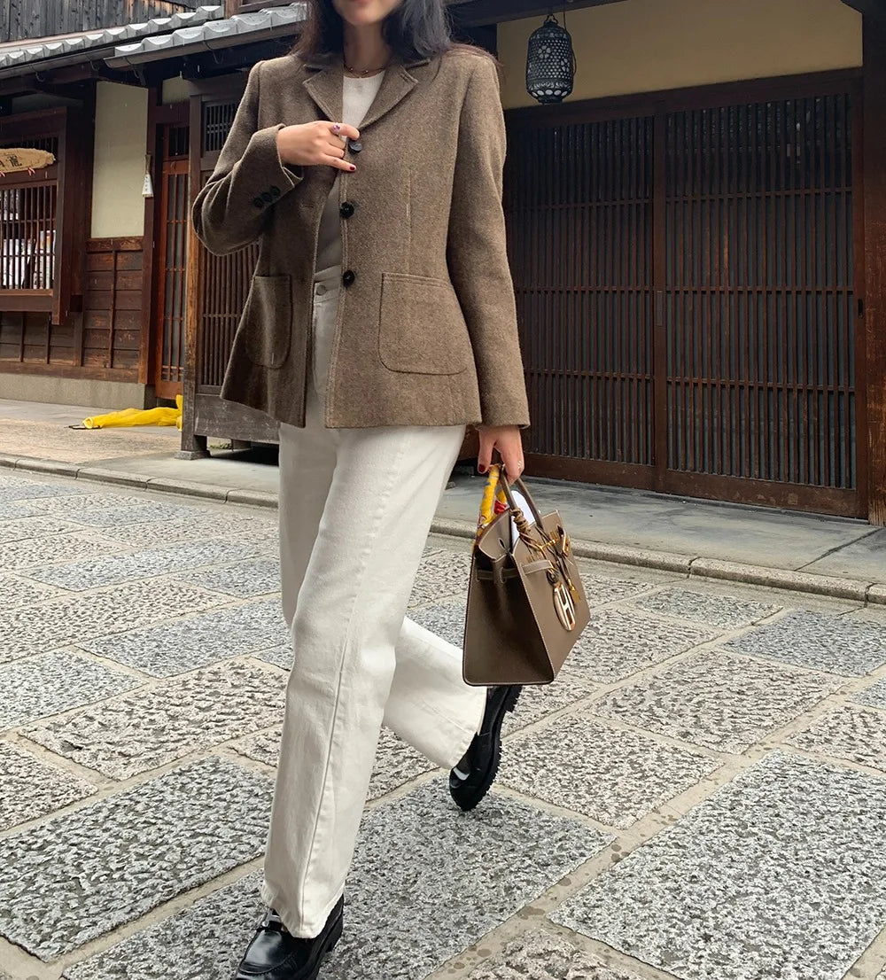 Chaqueta de traje de lana elegante coreano para mujer Otoño e Invierno Slim Fit marrón viajero abrigo de lana de gama alta Blazers ropa de mujer