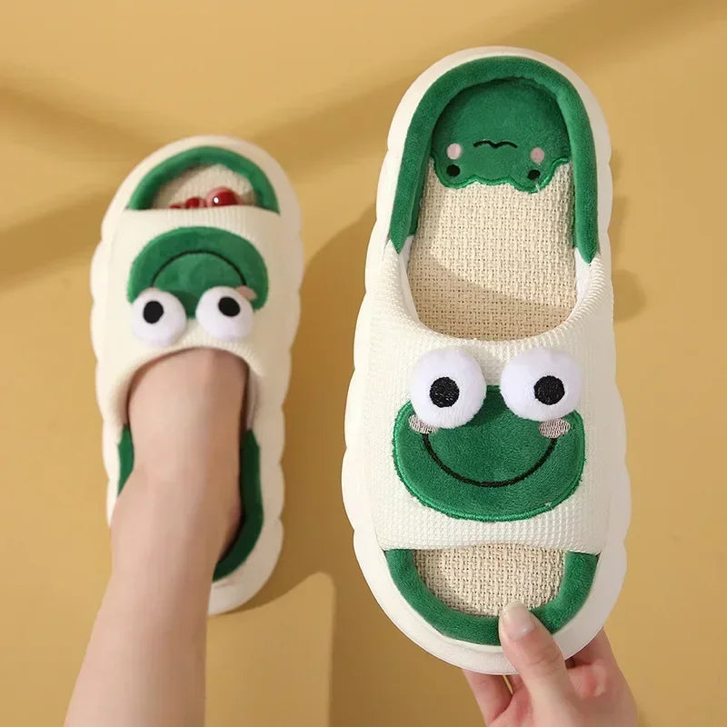 Zapatillas de lino de vaca con dibujos animados, sandalias universales de lino y algodón antideslizantes para interior del hogar, para las cuatro estaciones, 2024