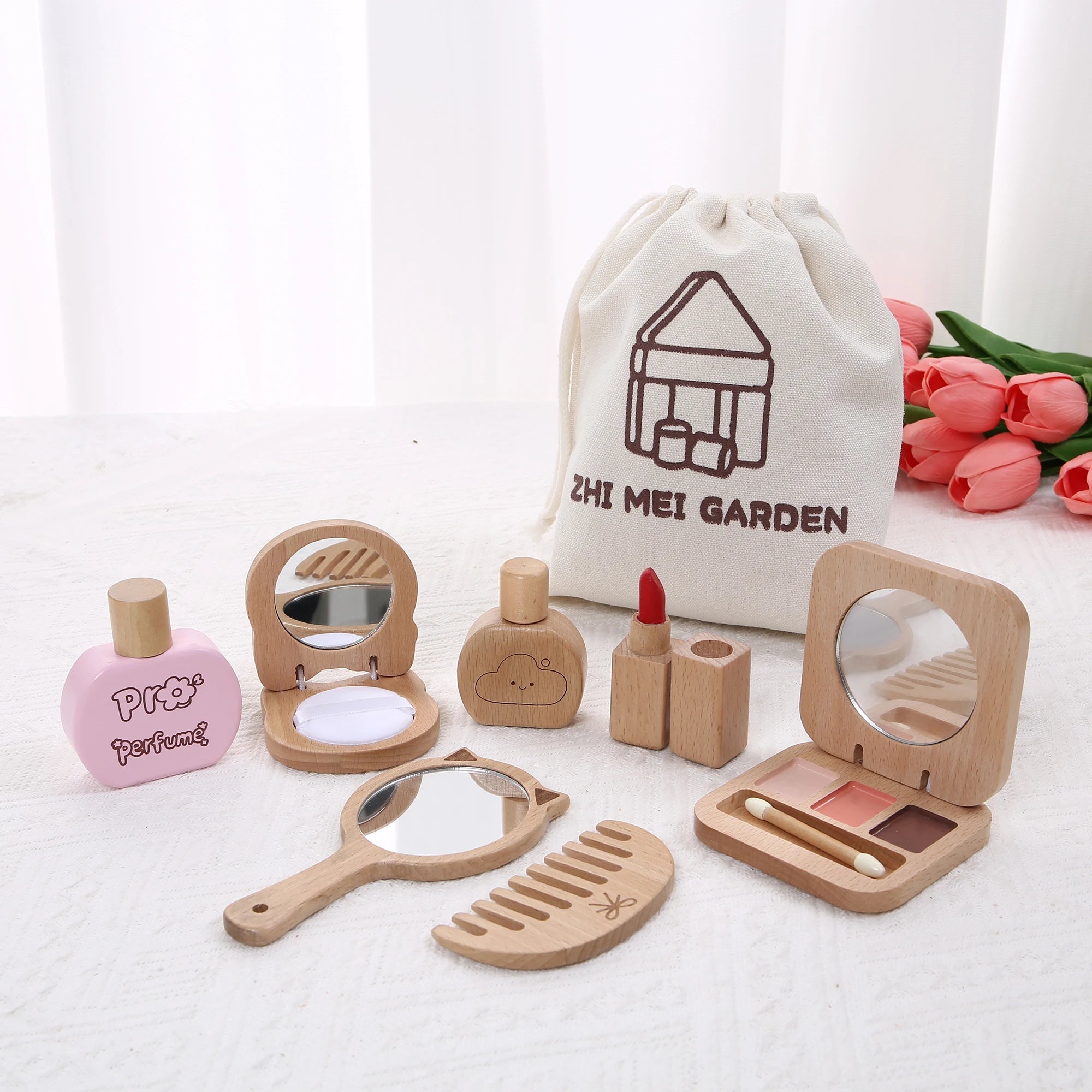 Juguete de Maquillaje de Imitación para Niñas, Set de Maquillaje de Madera para Jugar a Disfrazarse, Regalo con Bolsa de Maquillaje