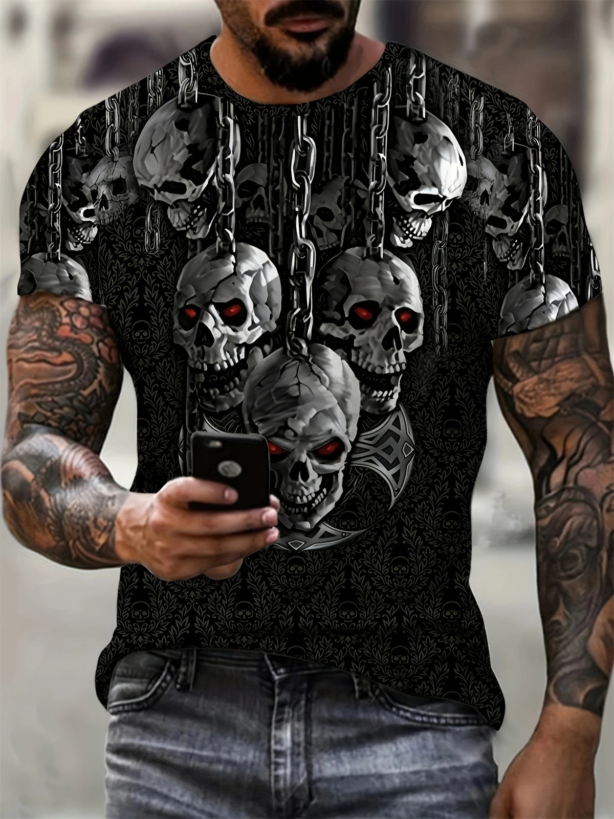 Camiseta de manga corta con estampado 3D de cabeza de calavera para hombre, camiseta de cuello redondo de estilo Punk, ropa de gran tamaño para exteriores de verano, novedad