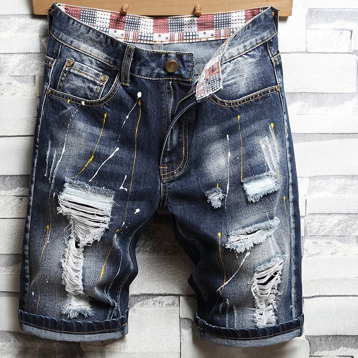 Vintage Hole Men Jeans Shorts Distressed Denim Knee Length Pockets Cuffed Patchwork Skinny Washed Ripped Punk Style Mid Waist 2024