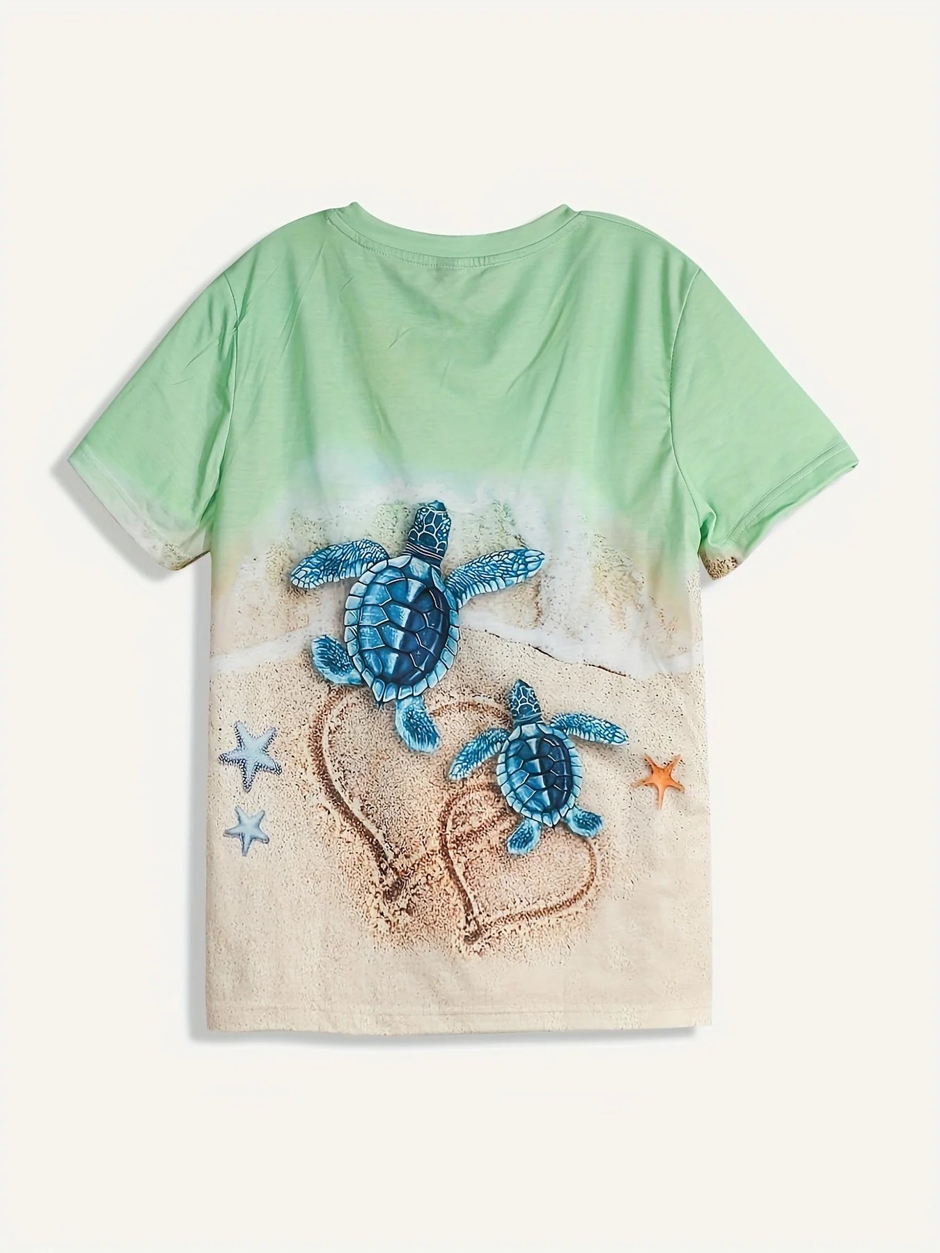 Camiseta de Mujer Mint Beach Turtle - Estampado de Tortuga Azul y Corazón de Arena, Diseño de Vacaciones Costeras para Uso Diario Informal