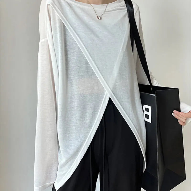 Elegant Summer Harajuku Fashion Slim Fit Women's Clothing Loose Casual All-Match T-Shirts Solid Round Neck Thin Style Long Sleeve Tees