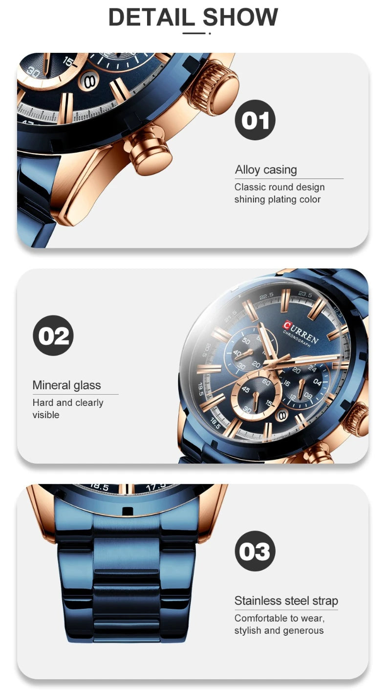 Reloj de pulsera CURREN de Cuero militar de lujo de la mejor marca, relojes deportivos informales para hombres, reloj de pulsera azul para hombre, reloj de pulsera cronógrafo de moda