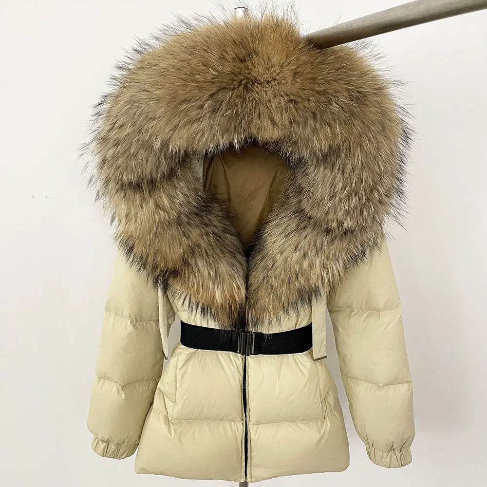 OFTBUY 2025 nueva ropa de invierno para mujer, abrigo de plumón de pato blanco, chaqueta con capucha de piel de zorro Natural, chaqueta acolchada cálida a la moda para mujer