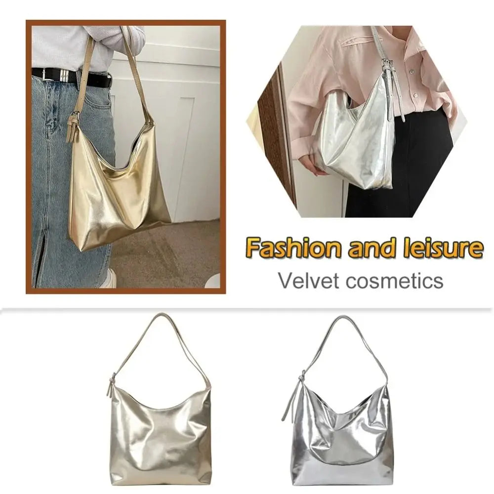 Bolso de mano con asa superior de PU para mujer, bolso de compras de diseñador de lujo, bolso de mano informal de cuero dorado plateado de alta capacidad, moda