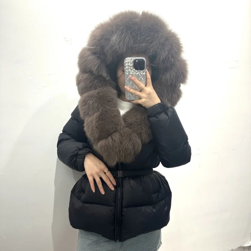 OFTBUY 2025 nueva ropa de invierno para mujer, abrigo de plumón de pato blanco, chaqueta con capucha de piel de zorro Natural, chaqueta acolchada cálida a la moda para mujer