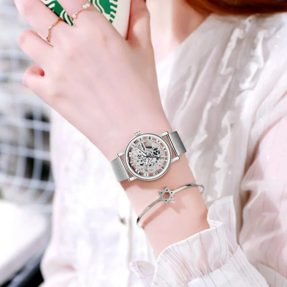 Top de moda para mujer, reloj mecánico de imitación con esqueleto hueco, relojes de pulsera de cuarzo de malla metálica para mujer, reloj femenino