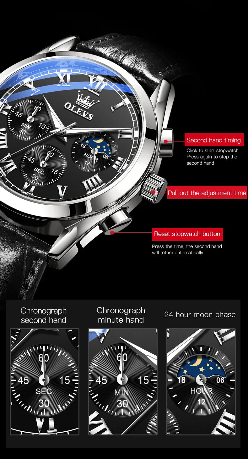 OLEVS 2871 reloj de cuarzo para hombre de la mejor marca, reloj de negocios noctilucente resistente al agua de lujo, correa de cuero, reloj de fase lunar, reloj Masculino