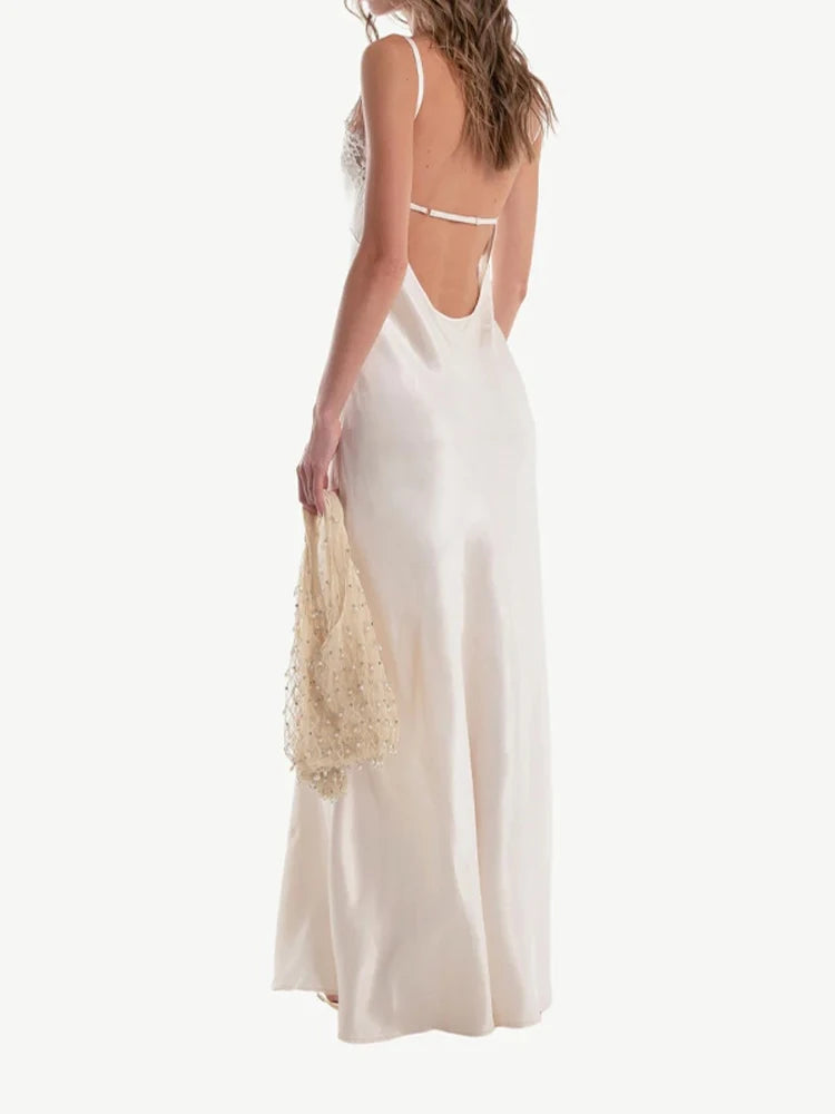 Vestido largo elegante de encaje con retazos para mujer, vestido Sexy con cuello en V sin mangas y espalda descubierta de satén, vestido largo ajustado, vestidos de fiesta de noche para mujer 2025