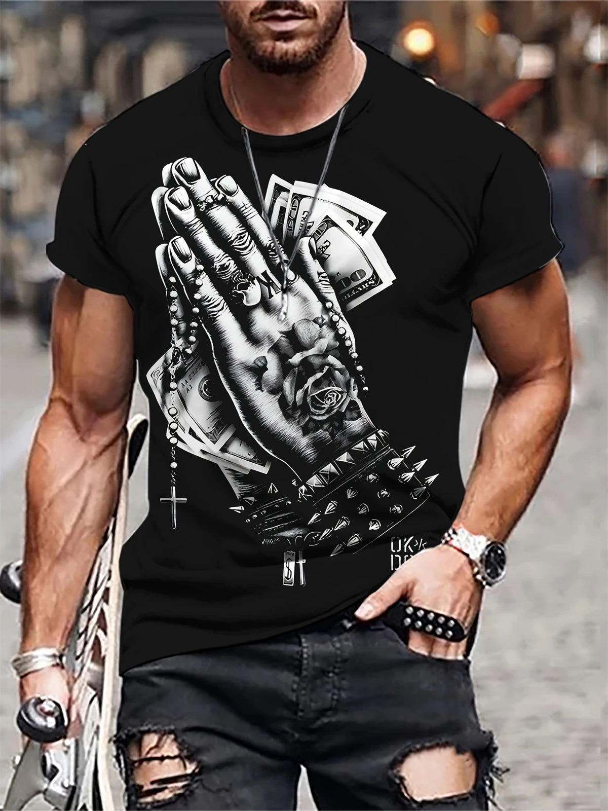 Camiseta de manga corta con estampado 3D de cabeza de calavera para hombre, camiseta de cuello redondo de estilo Punk, ropa de gran tamaño para exteriores de verano, novedad