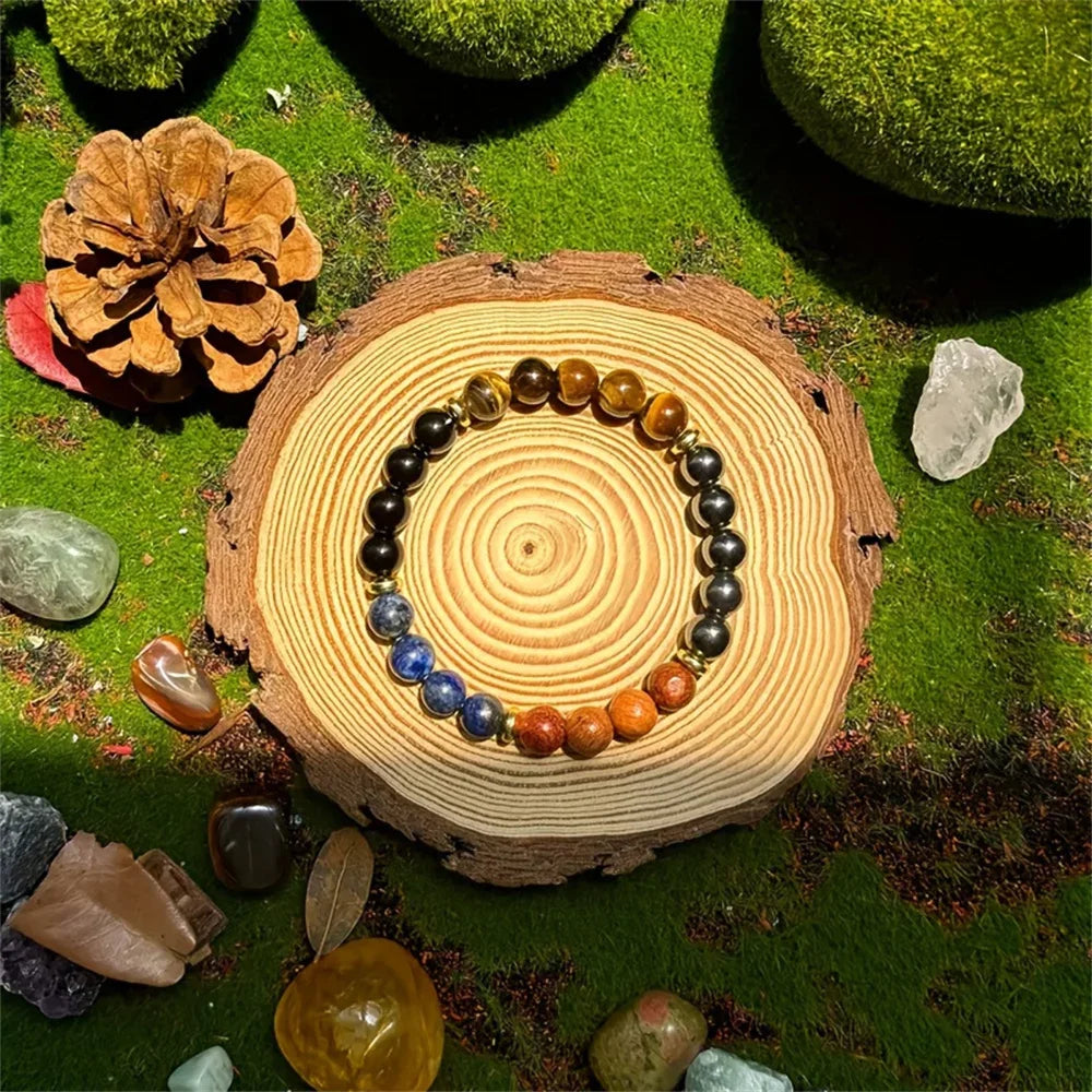 Nueva pulsera para atraer riqueza y prosperidad con piedra de ojo de tigre y lapislázuli, cuentas de madera Natural, pulsera hecha a mano para hombres y mujeres