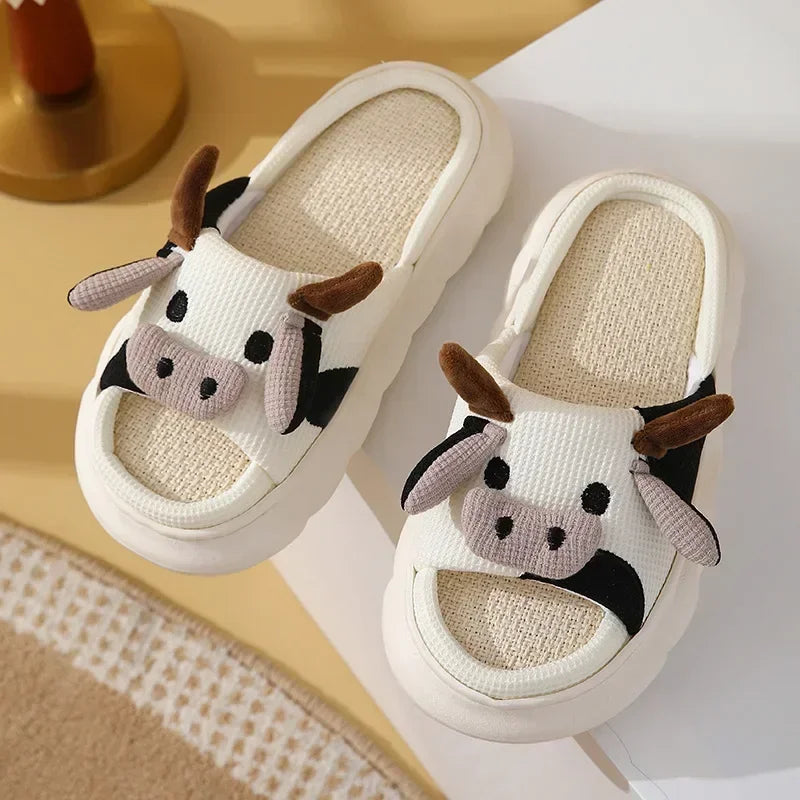 Zapatillas de lino de vaca con dibujos animados, sandalias universales de lino y algodón antideslizantes para interior del hogar, para las cuatro estaciones, 2024