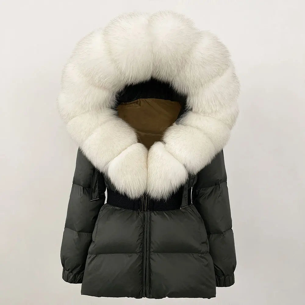 OFTBUY 2025 nueva ropa de invierno para mujer, abrigo de plumón de pato blanco, chaqueta con capucha de piel de zorro Natural, chaqueta acolchada cálida a la moda para mujer