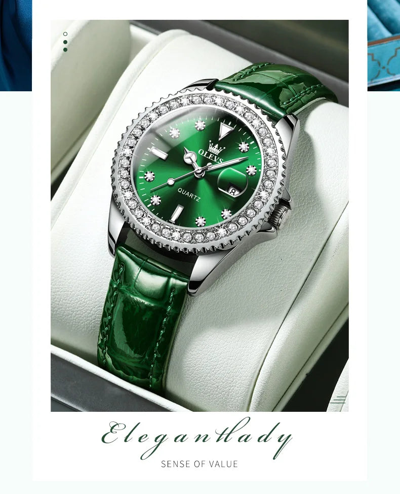 Reloj de cuarzo OLEVS Original con esfera de diamantes para mujer, relojes de moda para mujer, reloj de pulsera luminoso resistente al agua de acero inoxidable para mujer