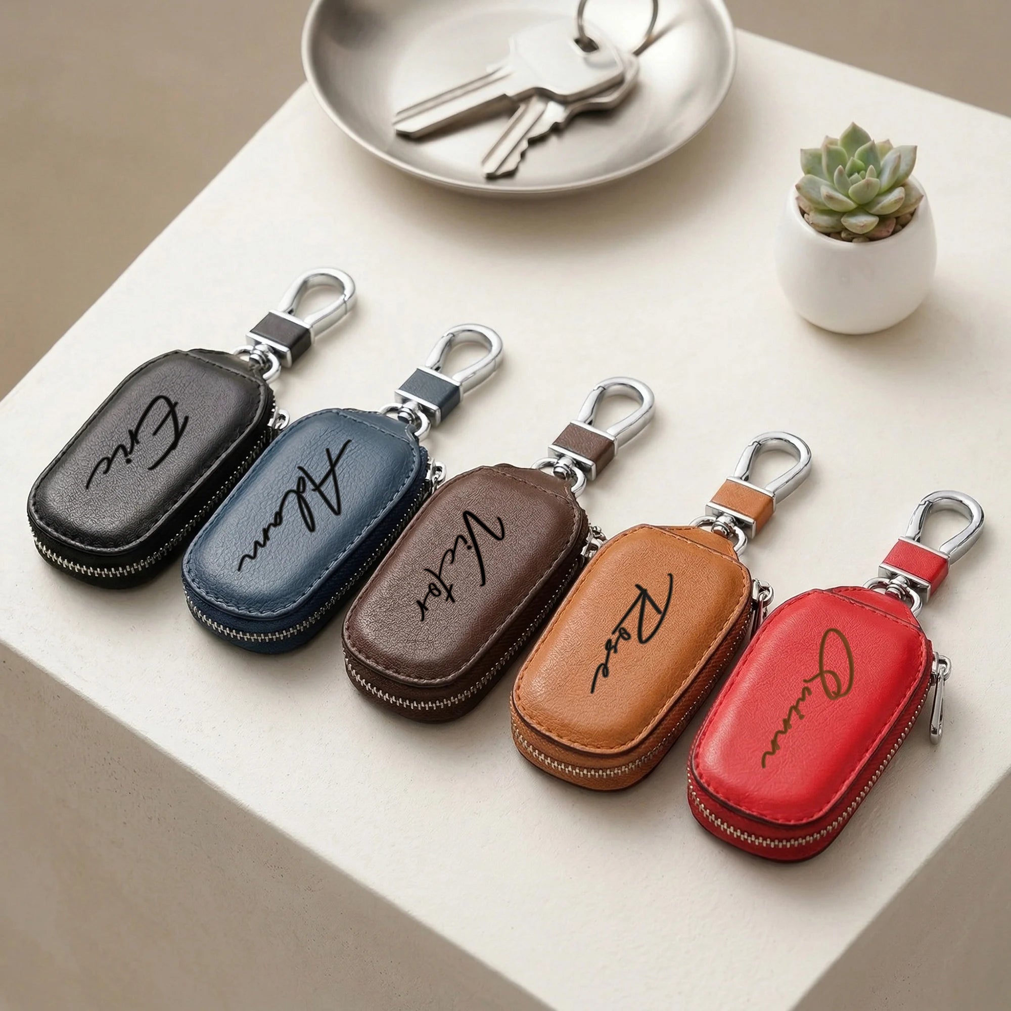 Estuche para Llaves Personalizado con Cremallera, Grabado Láser, Nombre Personalizado, Funda Creativa para Llavero con Cremallera, Cuero Sintético PU Resistente, Regalos
