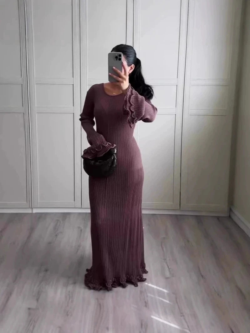 2025 elegante vestido con volantes y cordones Para Mujer, vestido acanalado de manga larga a la moda, Vestidos largos Para Mujer, Vestidos Para ir al trabajo Para Mujer
