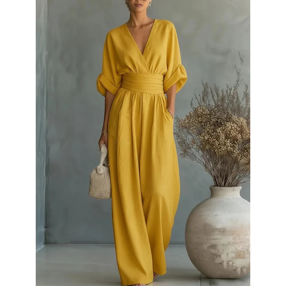 Women's Plain Round Neck Sleeveless Ruffle Irregular Jumpsuit with Pockets, Yellow Straight Leg Rompers for Summer, Streetwear