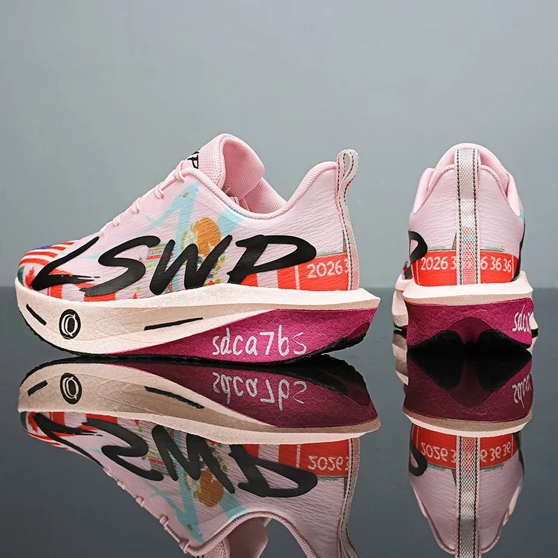 Zapatillas para correr unisex ligeras y transpirables - Tecnología de placa de carbono completa, combinación de colores blanco/azul/naranja, diseño de malla de caña baja, adecuadas para maratón, carreras de velocidad y u