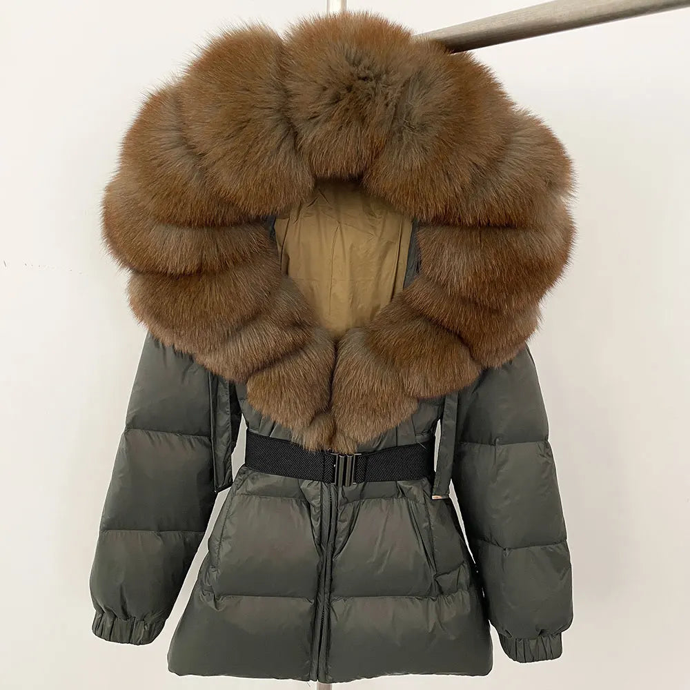 OFTBUY 2025 nueva ropa de invierno para mujer, abrigo de plumón de pato blanco, chaqueta con capucha de piel de zorro Natural, chaqueta acolchada cálida a la moda para mujer