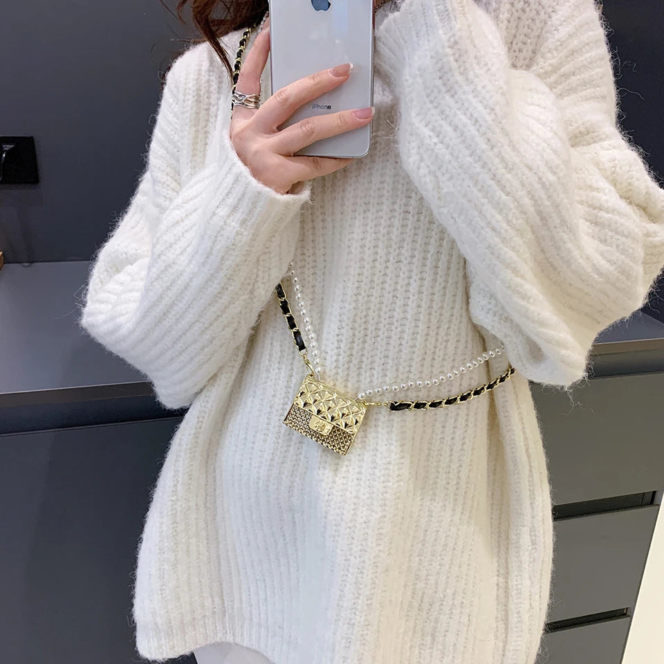 Mini bolsos de cena para mujer, caja pequeña de metal a la moda, bolso de hombro con cadena de perlas de diseñador, accesorios de ropa, bolso cruzado