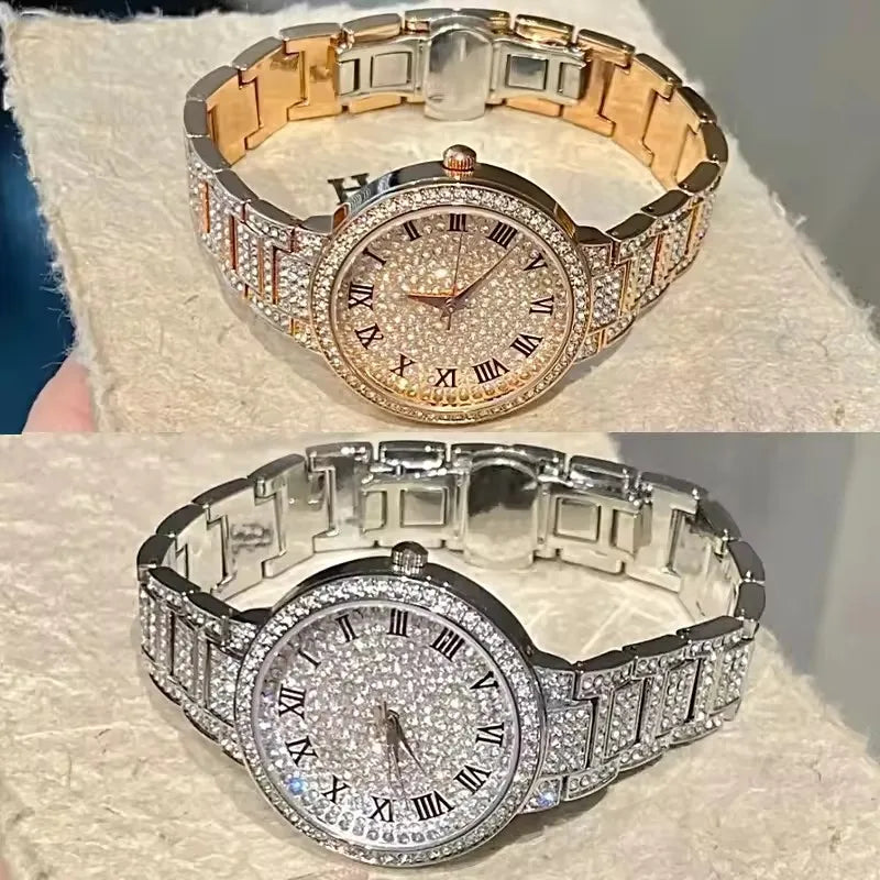 Reloj de Moda para Hombre y Mujer con Brillantes, Reloj de Cuarzo con Números Estilo Hip Hop, Reloj de Pulsera Elegante con Diamantes Completos, Regalo para Amigos y Parejas