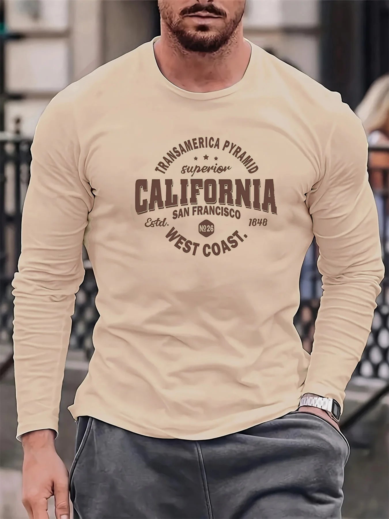 Men's 100% Pure Cotton Loose and Comfortable T-shirt, Long-Sleeve Crew Neck California Letter Print T-shirt for Sports and Leisure