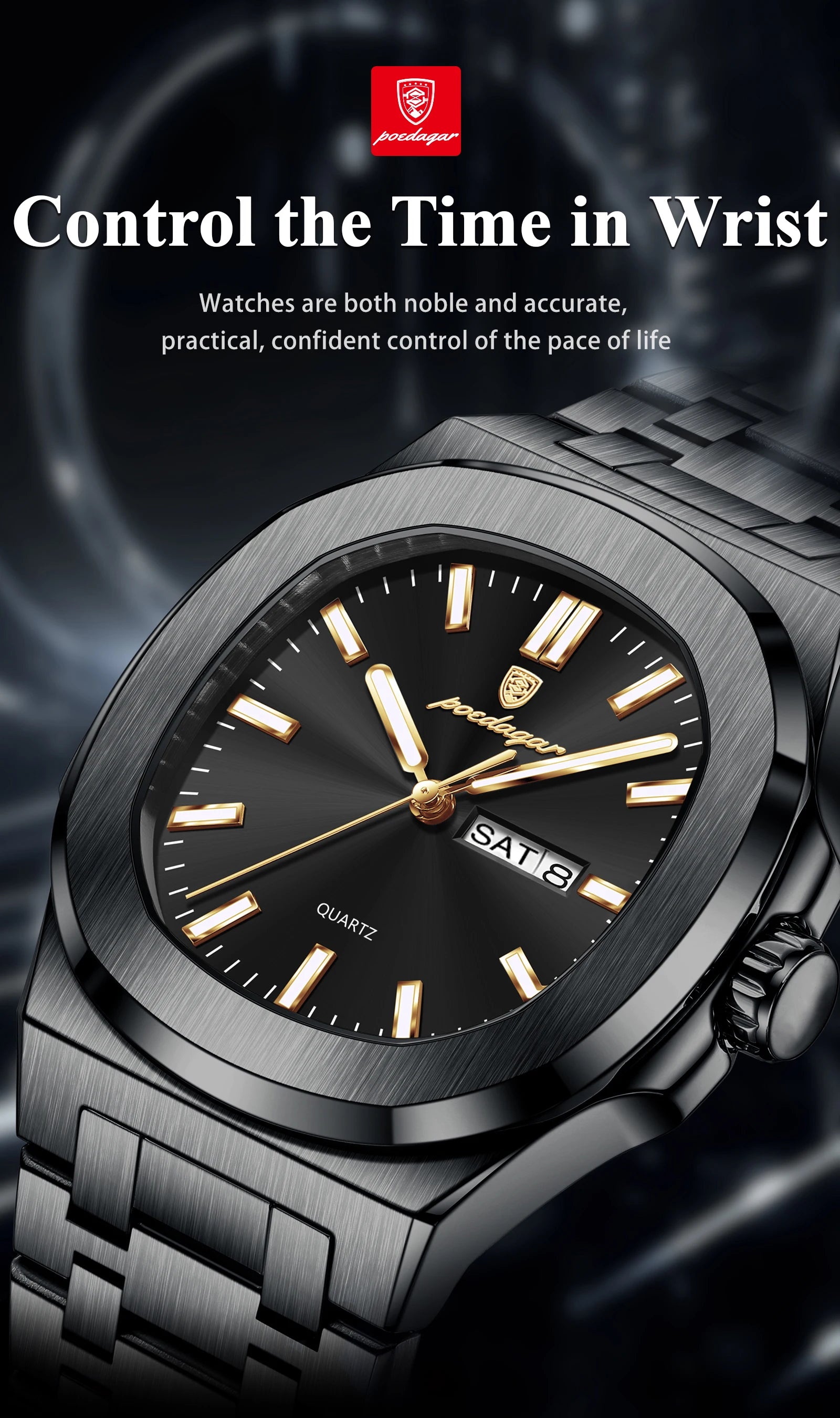 POEDAGAR, relojes cuadrados de lujo para hombre, Reloj luminoso resistente al agua con fecha y semana para hombre, Reloj de pulsera de cuarzo a la moda de acero inoxidable para hombre