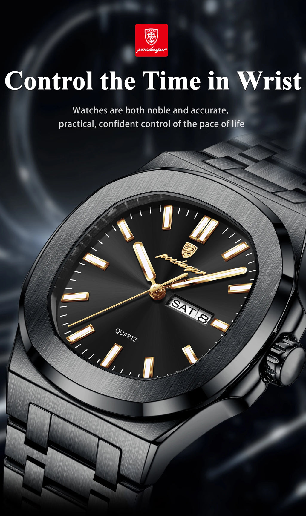POEDAGAR Luxury Square Men's Watches Waterproof Luminous Date Week Men Watch Stainless Steel Fashion Quartz Man Wristwatch Reloj