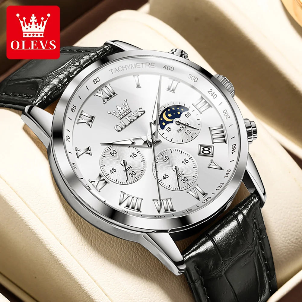 OLEVS-reloj de cuarzo deportivo para hombre, cronógrafo de lujo, resistente al agua, con correa de cuero, fase lunar, Masculino