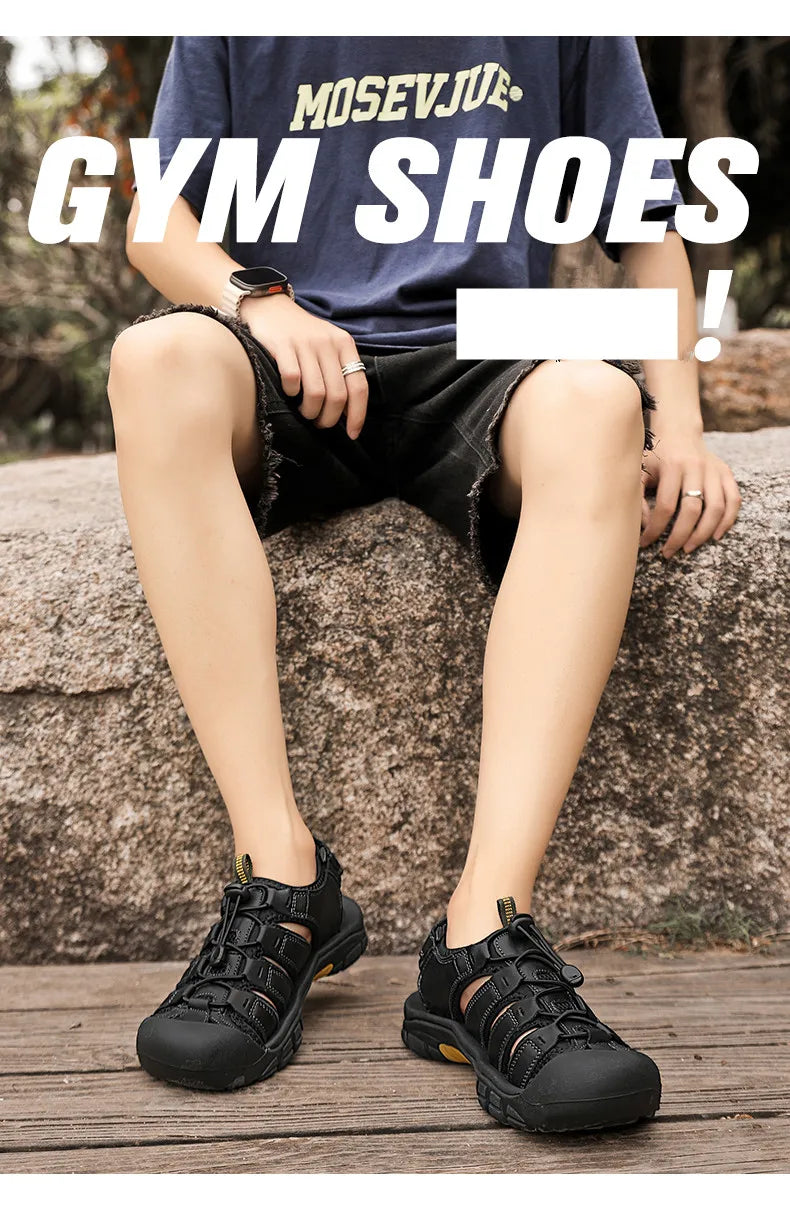 Sandalias de piel auténtica para hombre, zapatos informales transpirables de diseño a la moda, fondo suave, talla grande, para playa y exteriores, novedad de verano