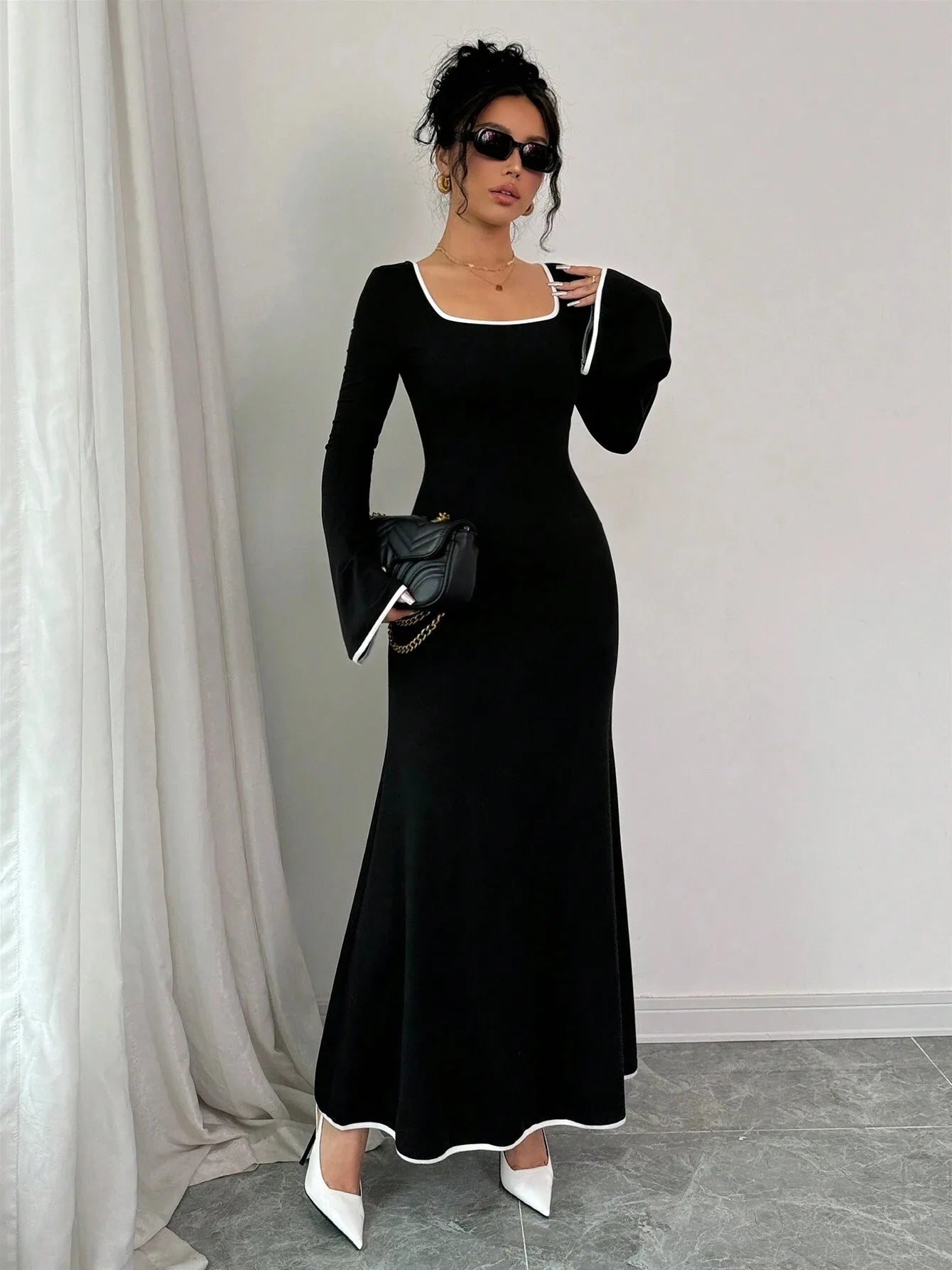 Vestido Elegante con Cuello Cuadrado y Bloques de Color, Estilo Delgado y Femenino, Vestido Casual de Moda para Mujer