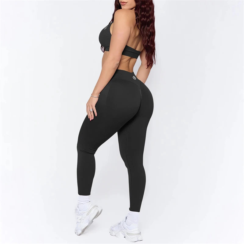 Bum-Conjuntos de Yoga para mujer, mallas moldeadoras con fruncido en la parte de atrás y Sujetador deportivo de impacto, trajes sin costuras, conjunto de sujetador Halter Sexy para gimnasio, 2025
