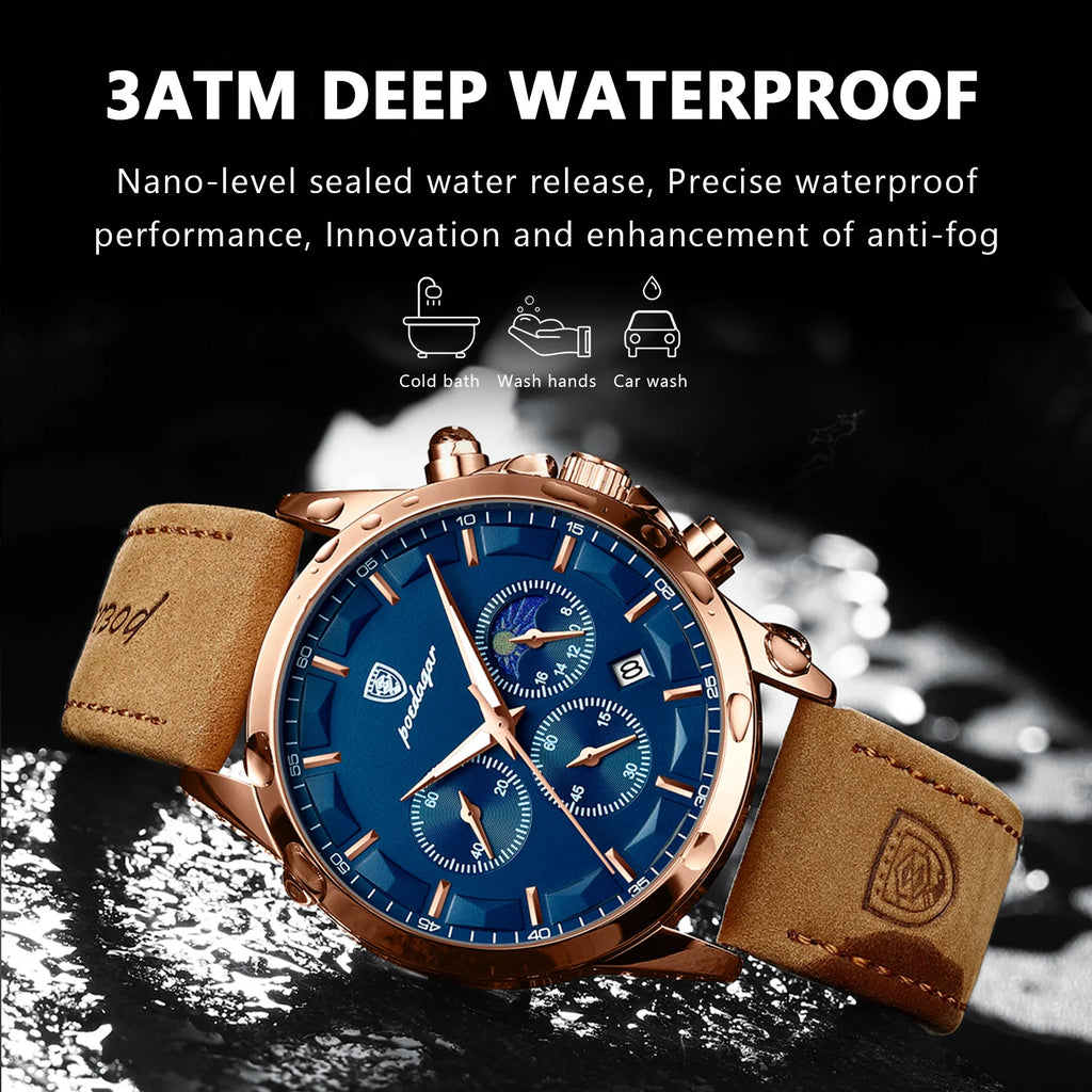 POEDAGAR, reloj deportivo de cuarzo de lujo para hombre, cronógrafo resistente al agua, reloj de pulsera luminoso con fecha para hombre, relojes de cuero de negocios para hombre