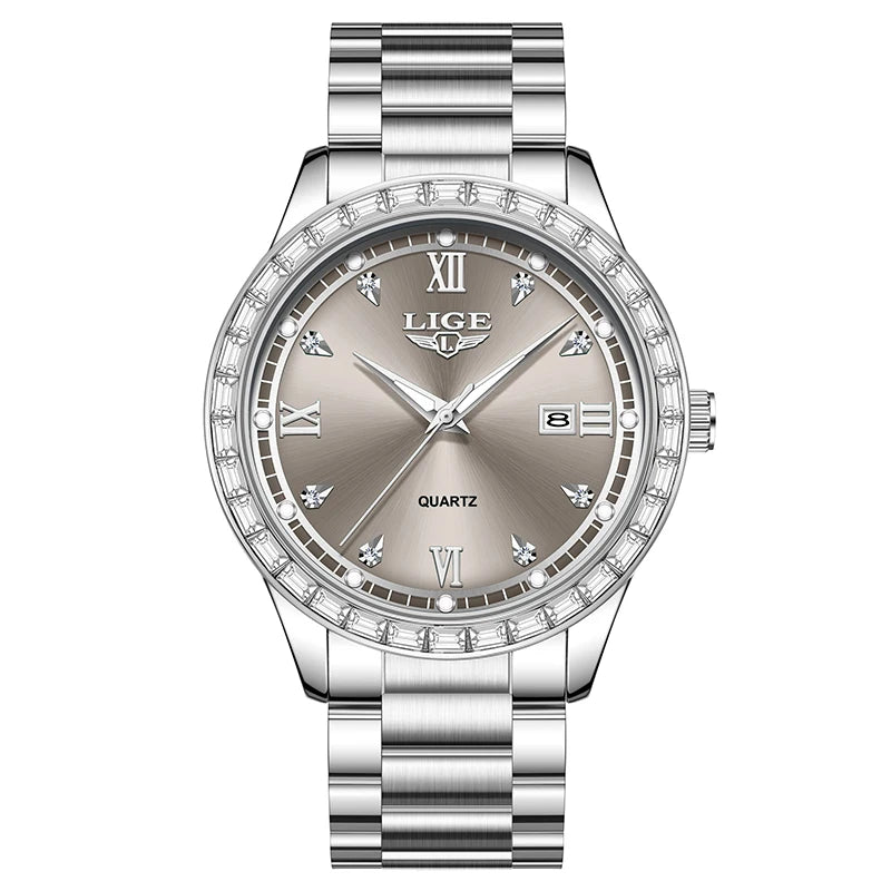 Reloj LIGE elegante para mujer, reloj resistente al agua a la moda, reloj luminoso de cuarzo de negocios de acero inoxidable para mujer, reloj de mujer + caja
