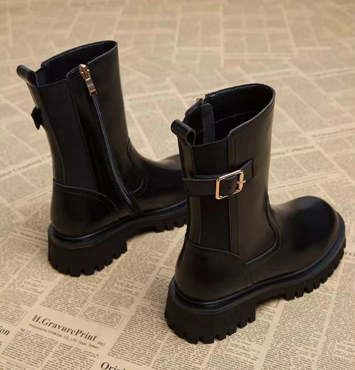 Botas medio altas para mujer, zapatos Chelsea con punta redonda a media pantorrilla para mujer, calzado marrón de tacón medio, oferta gótica de entretiempo para primavera y otoño