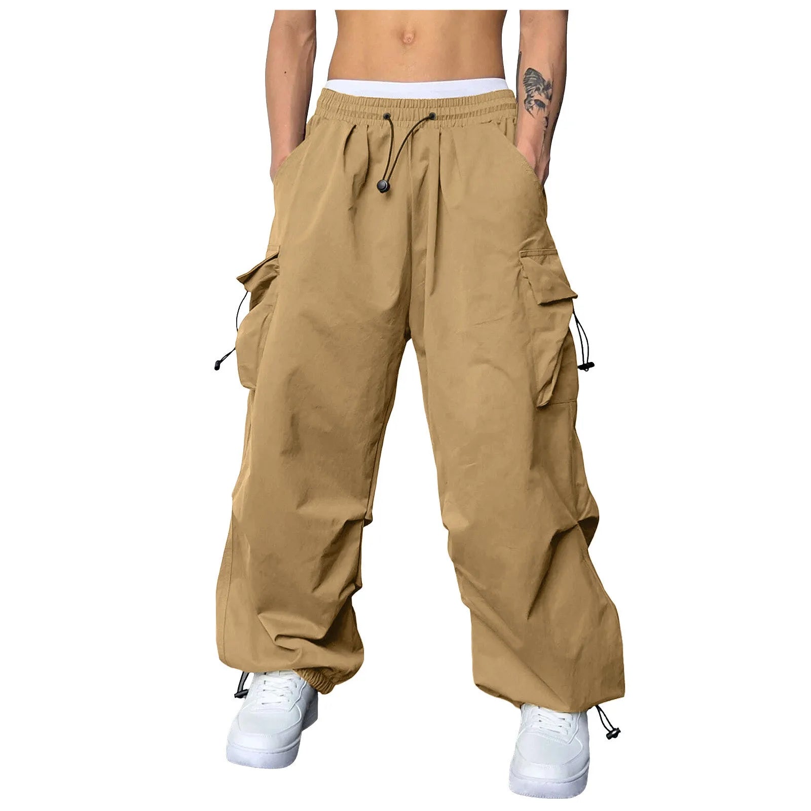 Pantalones Cargo deportivos informales para Hombre, ropa de calle con bolsillo tejido y cuerda para el pie, Pantalones sólidos, Pantalones holgados con múltiples bolsillos para Hombre