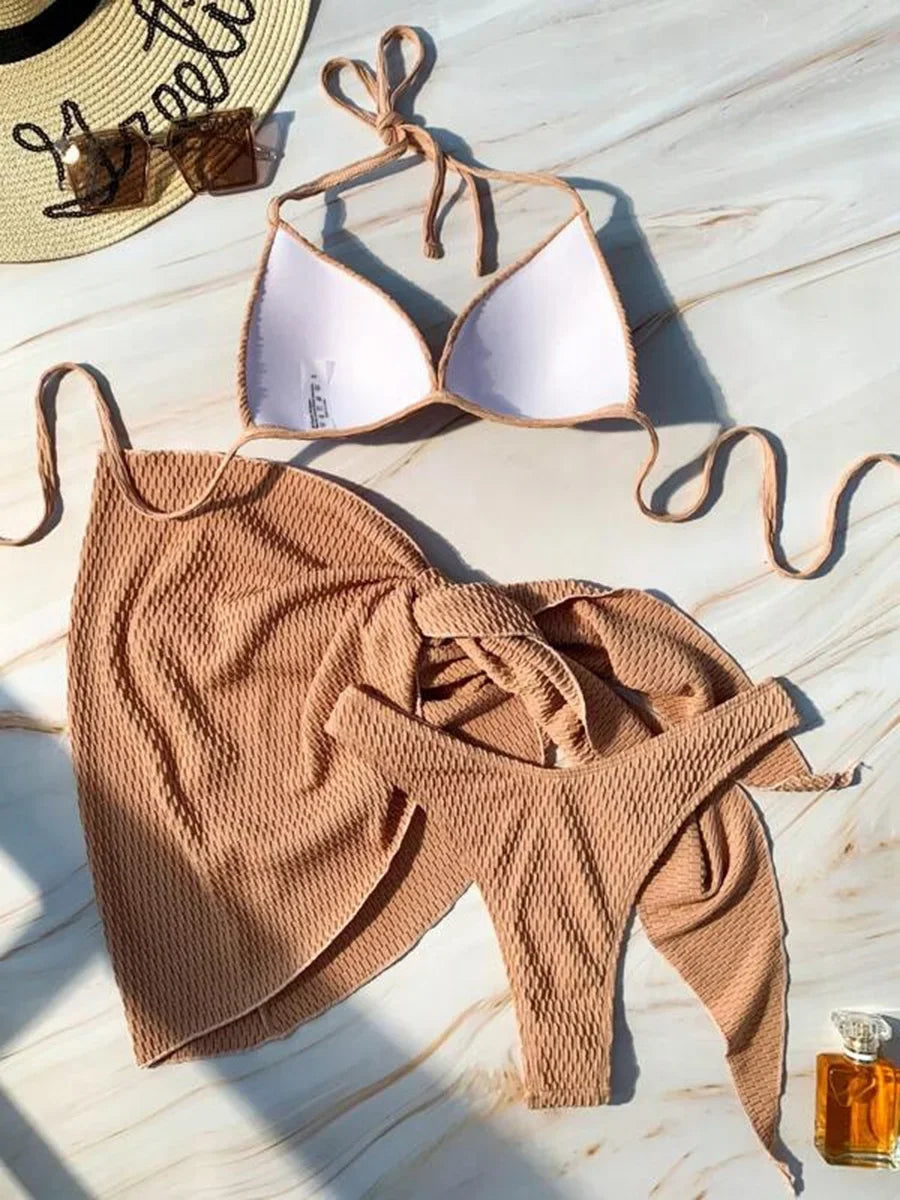Con falda, Bikini arrugado con copa de sujetador, traje de baño femenino, traje de baño para mujer, conjunto de Bikini de tres piezas, traje de baño Push Up, ropa de playa para nadar