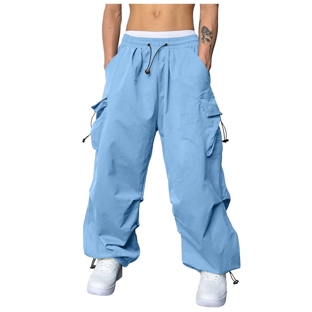 Pantalones Cargo deportivos informales para Hombre, ropa de calle con bolsillo tejido y cuerda para el pie, Pantalones sólidos, Pantalones holgados con múltiples bolsillos para Hombre