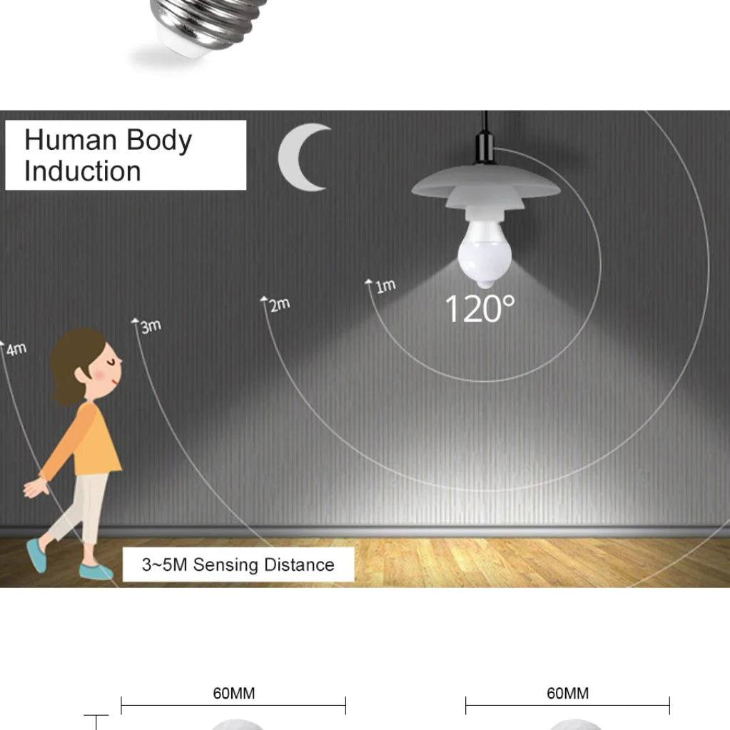 Bombilla LED con Sensor de movimiento E27, 9W, 12W, 18W, 20W, lámpara LED con Sensor PIR, luz nocturna de encendido/apagado automático para iluminación de estacionamiento del hogar, 110V, 220V