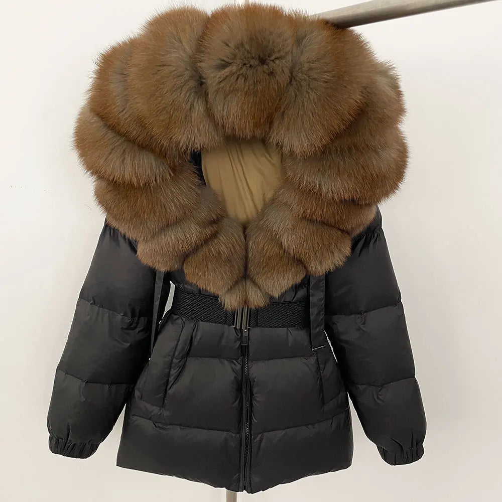 OFTBUY 2025 nueva ropa de invierno para mujer, abrigo de plumón de pato blanco, chaqueta con capucha de piel de zorro Natural, chaqueta acolchada cálida a la moda para mujer